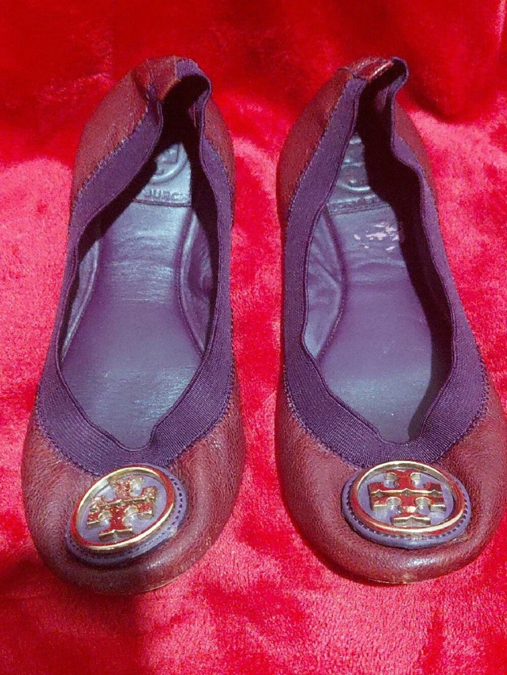Tory Burch Cherry Red Leather Logo Ballet Flats